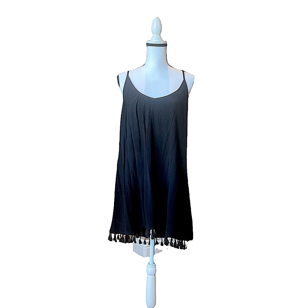 Braeve Black Fringe Hem Slinky Boho Spaghetti Strap Dress Size M